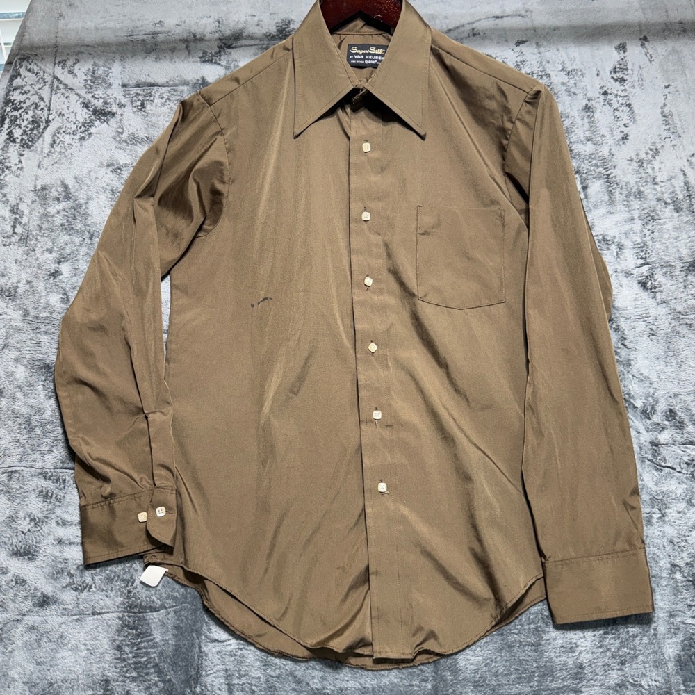Van Heusen Super Silk Button‎ Down Mens Brown Vintage Qiana Shirt